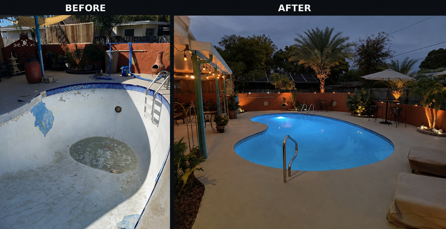 Before and after fiberglass pool resurfacing by Fibre Tech Inc.